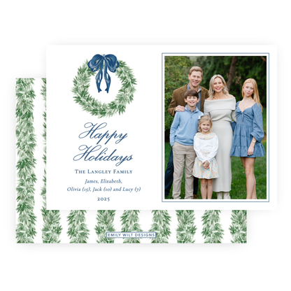 Christmas Photo Card - Tied with a Bow Wreath, Blue - Landscape