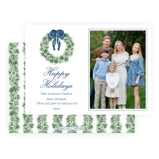 Christmas Photo Card - Tied with a Bow Wreath, Blue - Landscape