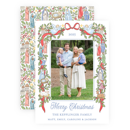Christmas Photo Card - Festive Nativity Garland (Script) - Portrait