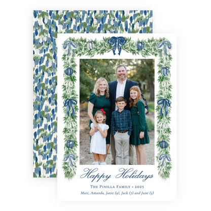 Christmas Photo Card - Tied with a Bow Garland, Blue - Portrait
