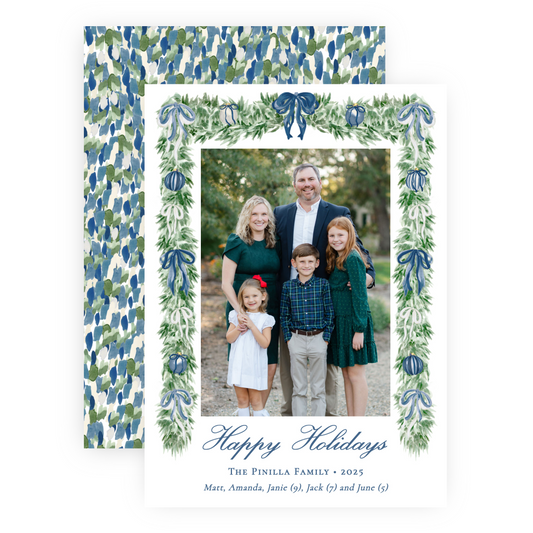 Christmas Photo Card - Tied with a Bow Garland, Blue - Portrait