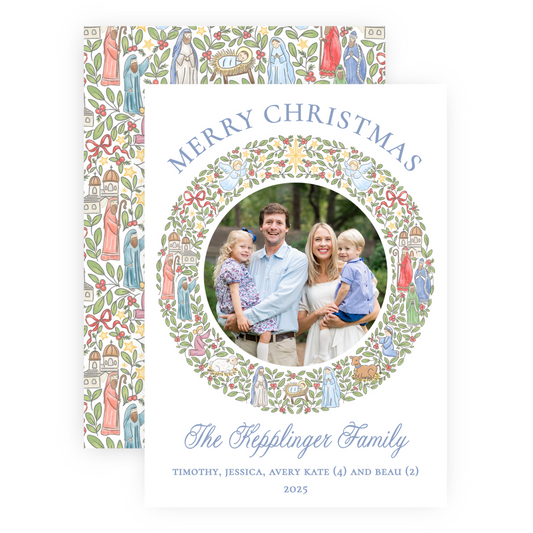 Christmas Photo Card - Festive Nativity Wreath - Portrait