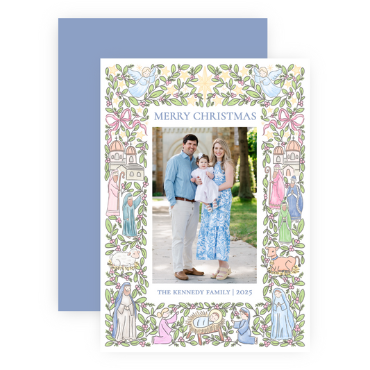 Christmas Photo Card - Festive Nativity Frame, Pastel - Portrait