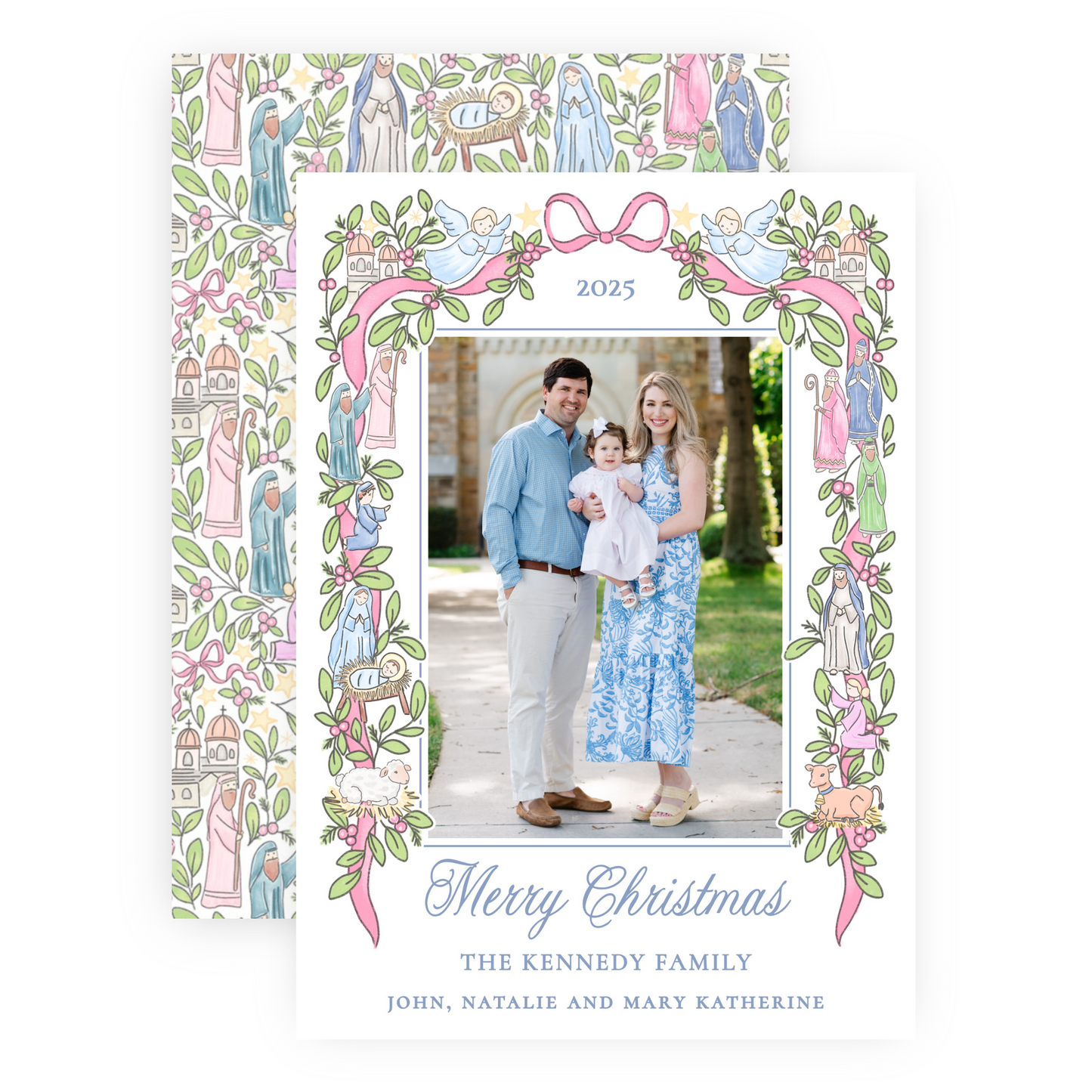 Christmas Photo Card - Festive Nativity Garland (Script, Pastel) - Portrait