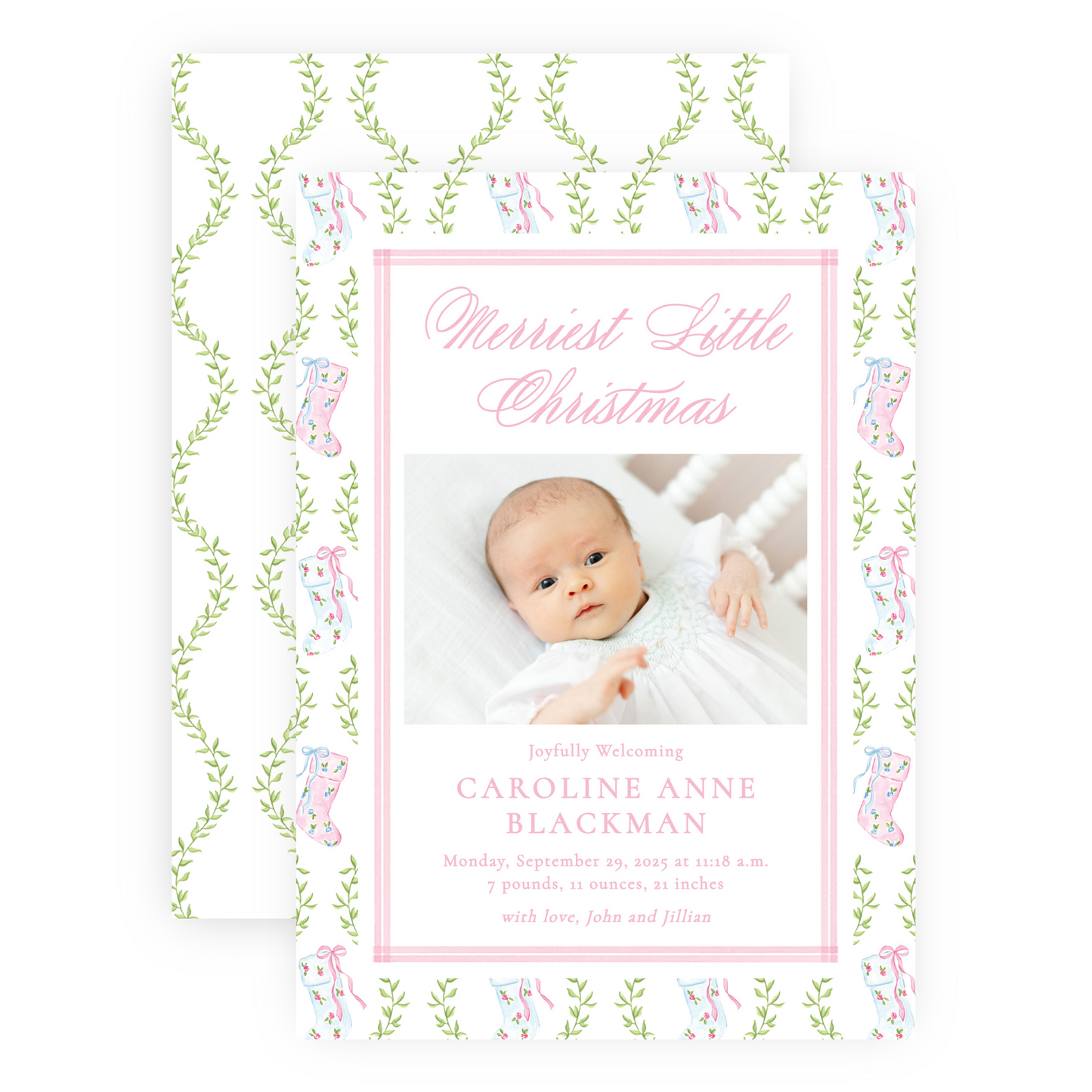 Christmas Photo Card - Delicate Stockings - Portrait - Birth Announcement