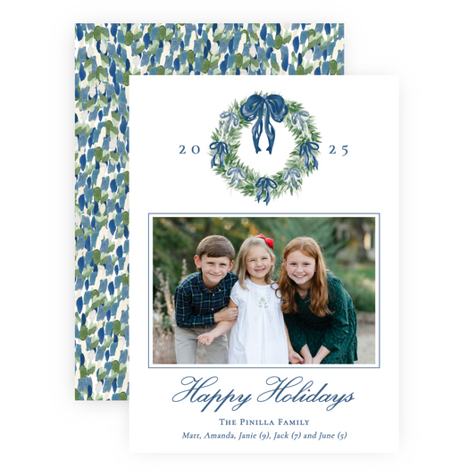 Christmas Photo Card - Tied with a Bow Decorated Wreath, Blue - Portrait