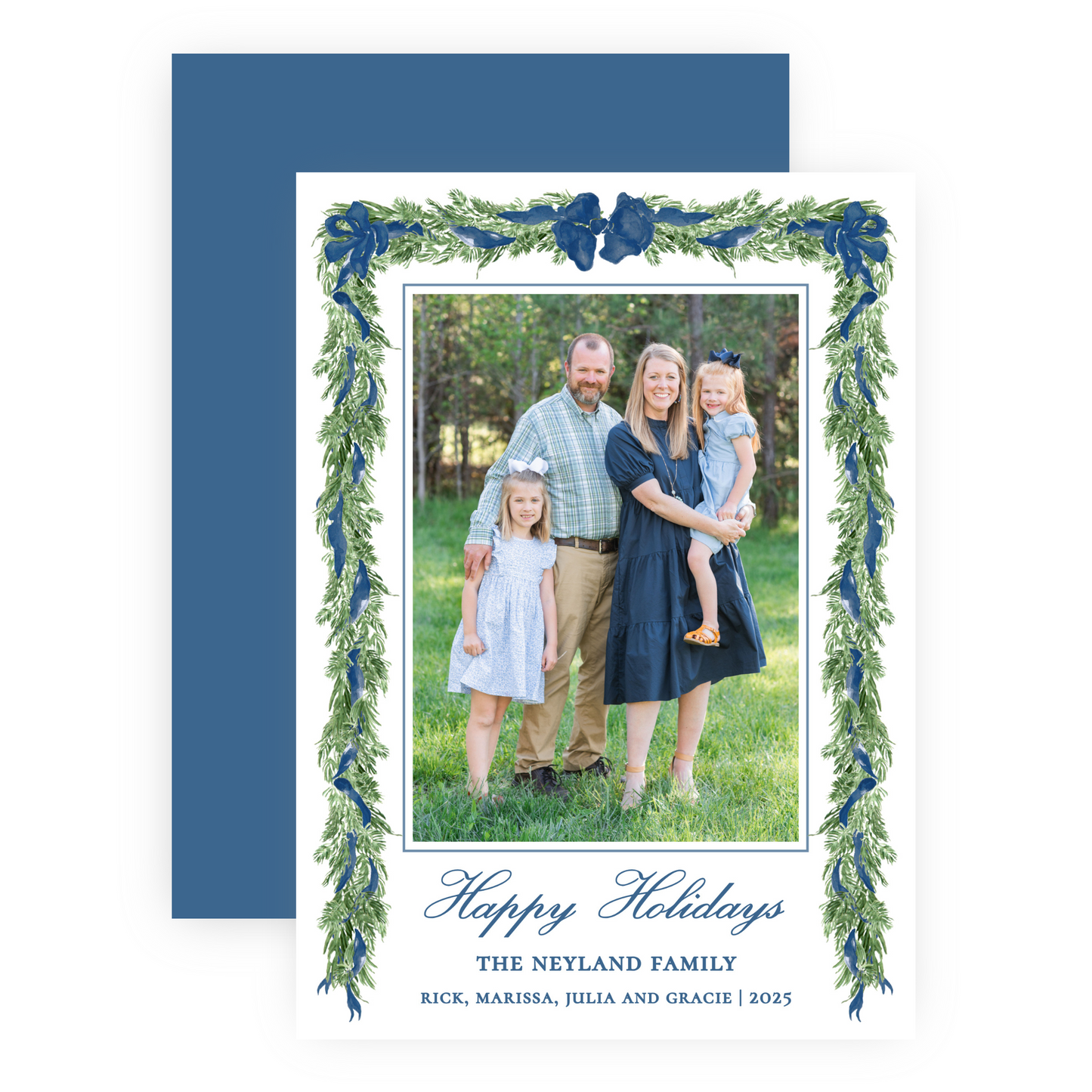 Christmas Photo Card - Big Bow Garland, Navy (Portrait)