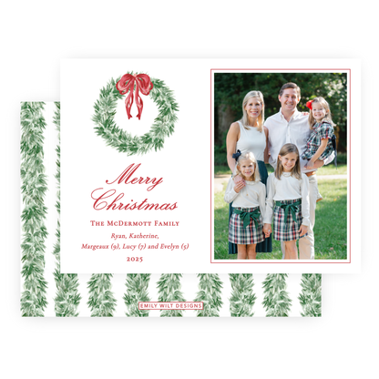 Christmas Photo Card - Tied with a Bow Wreath - Landscape