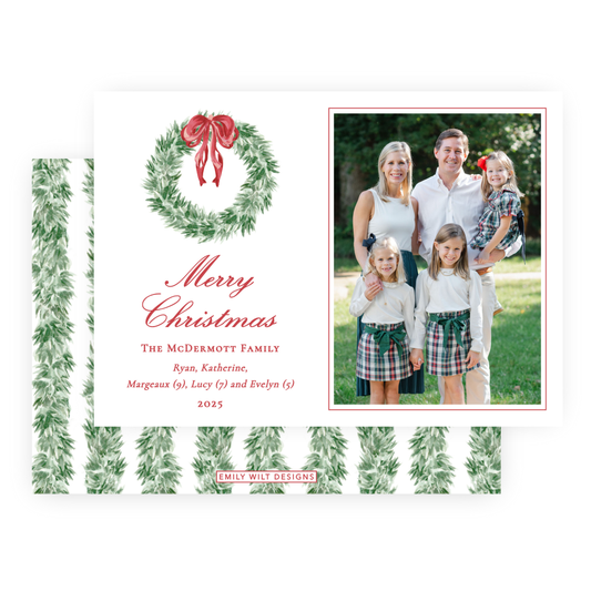 Christmas Photo Card - Tied with a Bow Wreath - Landscape