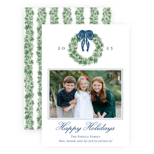 Christmas Photo Card - Tied with a Bow Wreath, Blue - Portrait