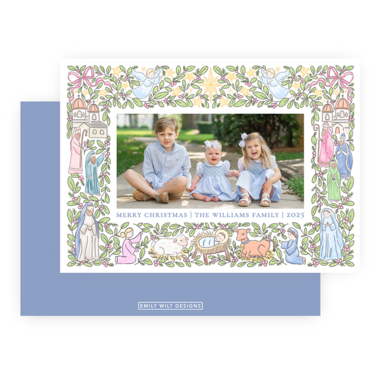 Christmas Photo Card - Festive Nativity Frame, Pastel - Landscape