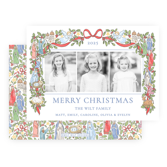 Christmas Photo Card - Festive Nativity Garland, 3 Photos - Landscape