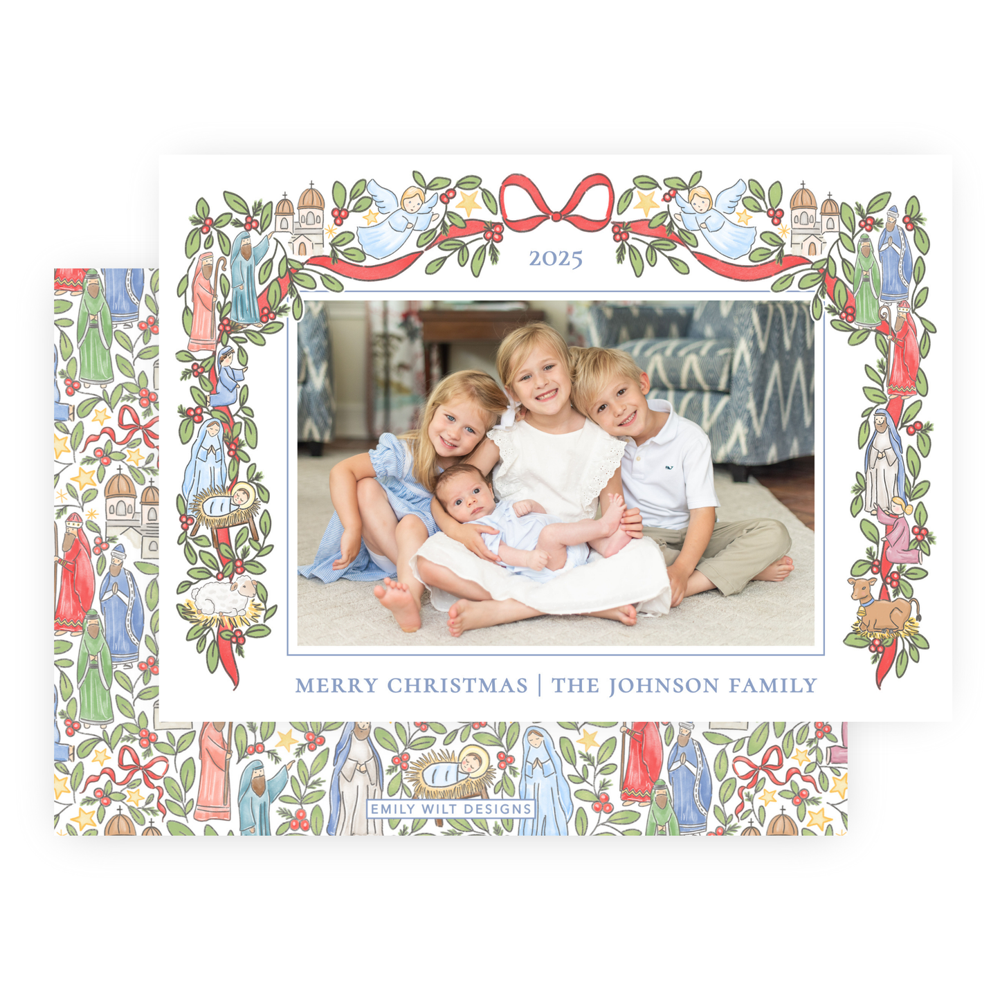 Christmas Photo Card - Festive Nativity Garland - Landscape