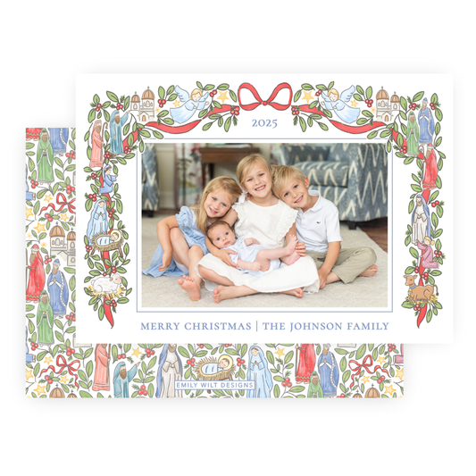 Christmas Photo Card - Festive Nativity Garland - Landscape