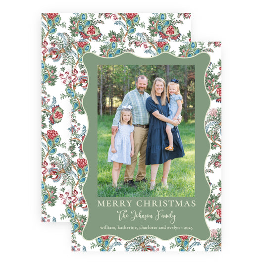 Christmas Photo Card - Chintz Elegance, Green (Portrait)