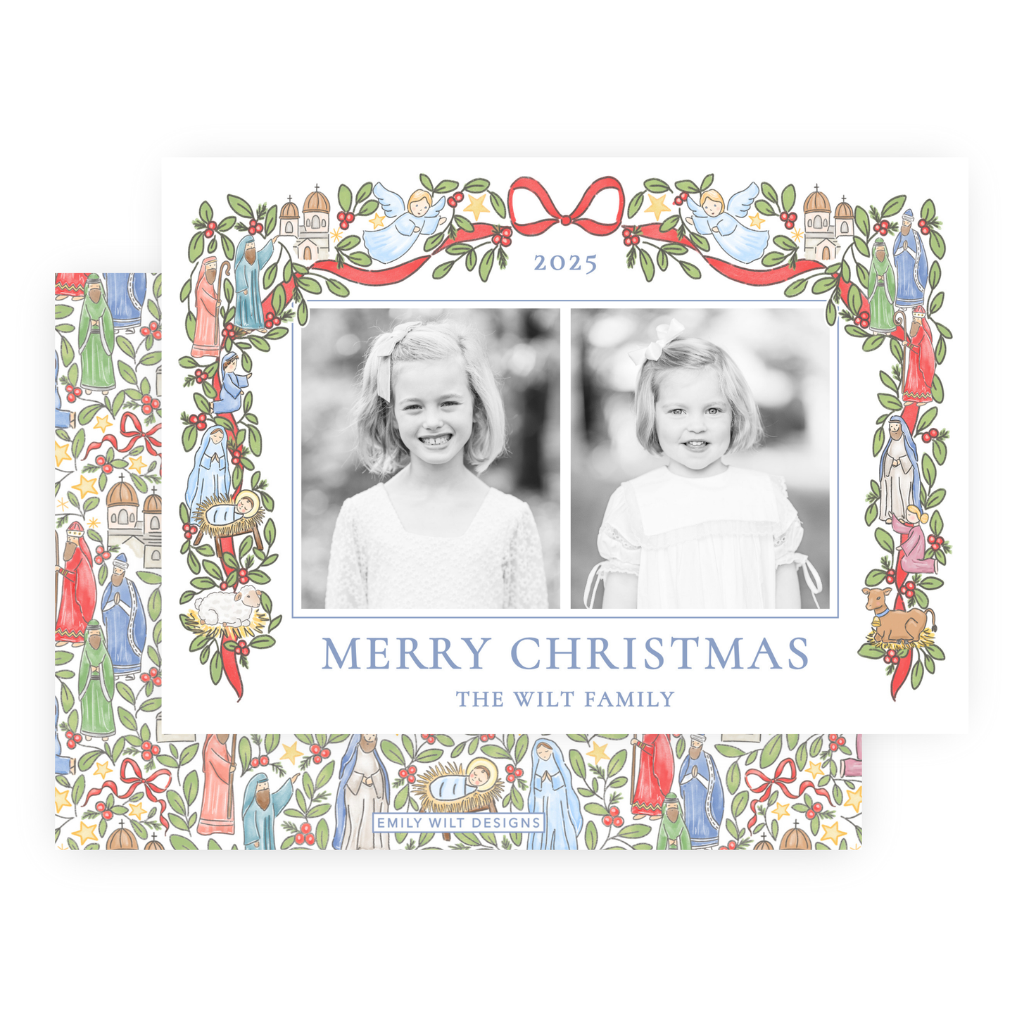 Christmas Photo Card - Festive Nativity Garland, 2 Photos - Landscape