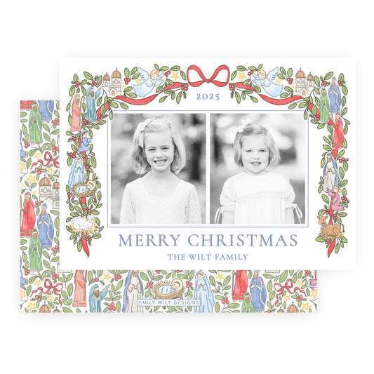 Christmas Photo Card - Festive Nativity Garland, 2 Photos - Landscape