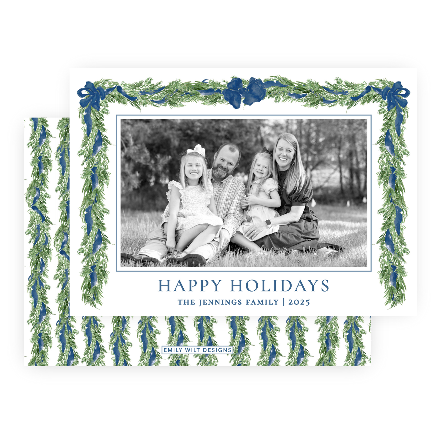 Christmas Photo Card - Big Bow Garland, Navy (Landscape)
