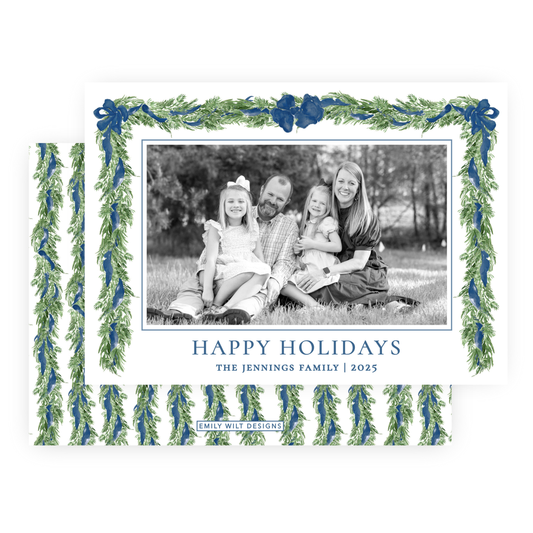 Christmas Photo Card - Big Bow Garland, Navy (Landscape)
