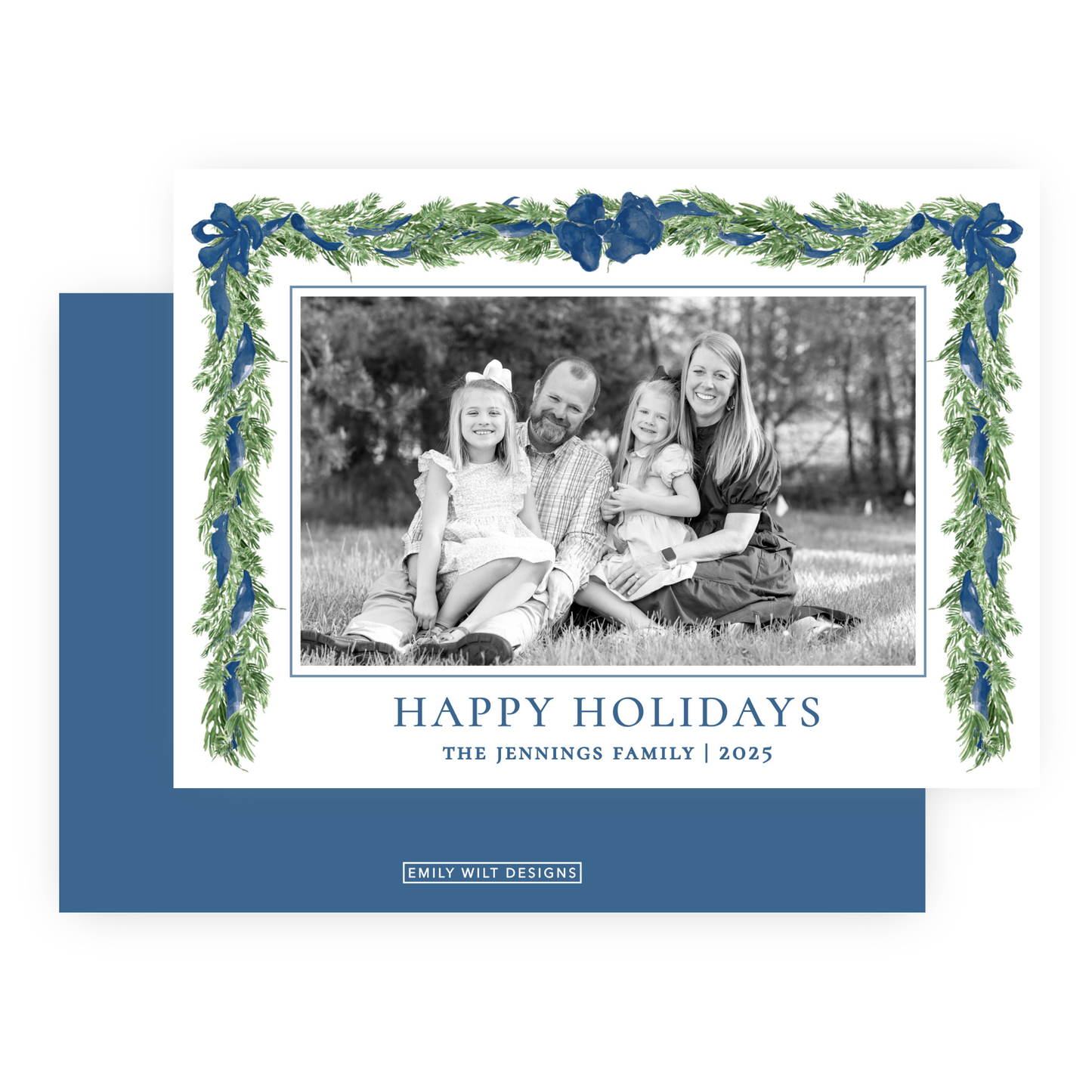 Christmas Photo Card - Big Bow Garland, Navy (Landscape)