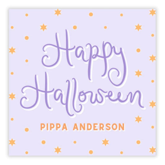 Halloween card with 'Happy Halloween' text and star decorations on a light purple background