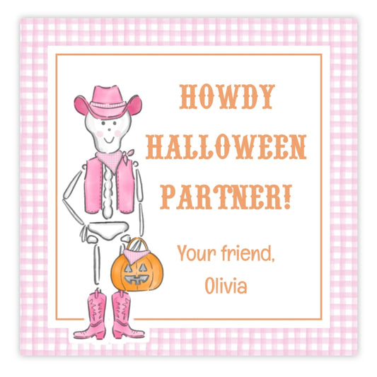 A personalized Halloween gift tag featuring a cartoon skeleton in pink clothing and boots, with the text 'HOWY HALLOWEEN PARTNER!' and a place for a personalized message.