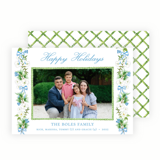 Christmas Photo Card - Holiday Blossoms, Light Blue - Landscape