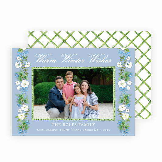 Christmas Photo Card - Holiday Blossoms, Blue - Landscape