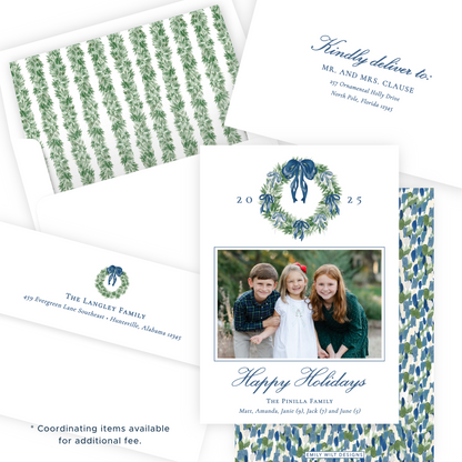 Christmas Photo Card - Tied with a Bow Decorated Wreath, Blue - Portrait
