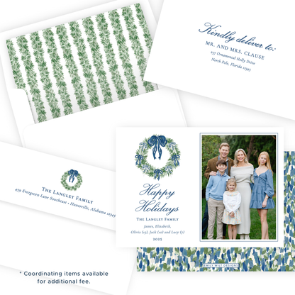 Christmas Photo Card - Tied with a Bow Decorated Wreath, Blue - Landscape