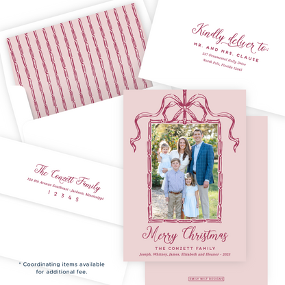 Christmas Photo Card - Bamboo Bow Frame, Cranberry