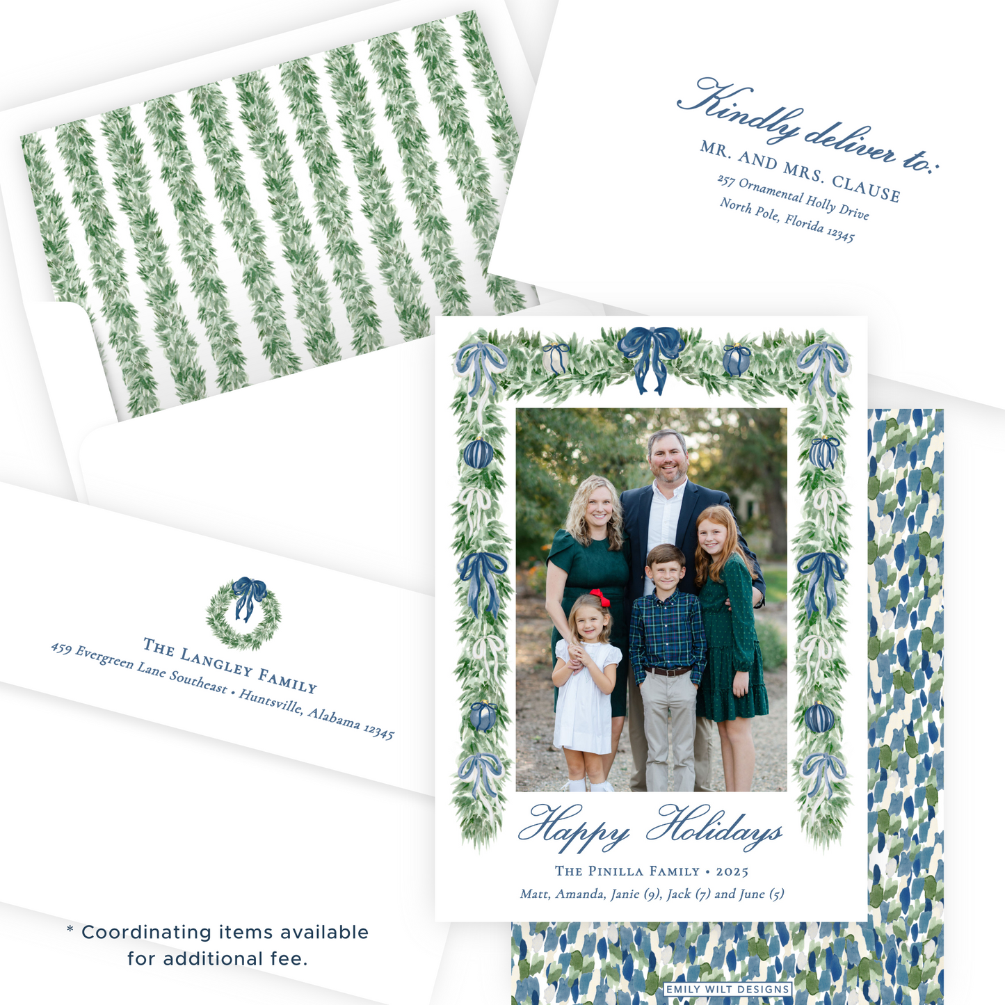 Christmas Photo Card - Tied with a Bow Garland, Blue - Portrait