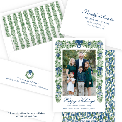 Christmas Photo Card - Tied with a Bow Garland, Blue - Portrait