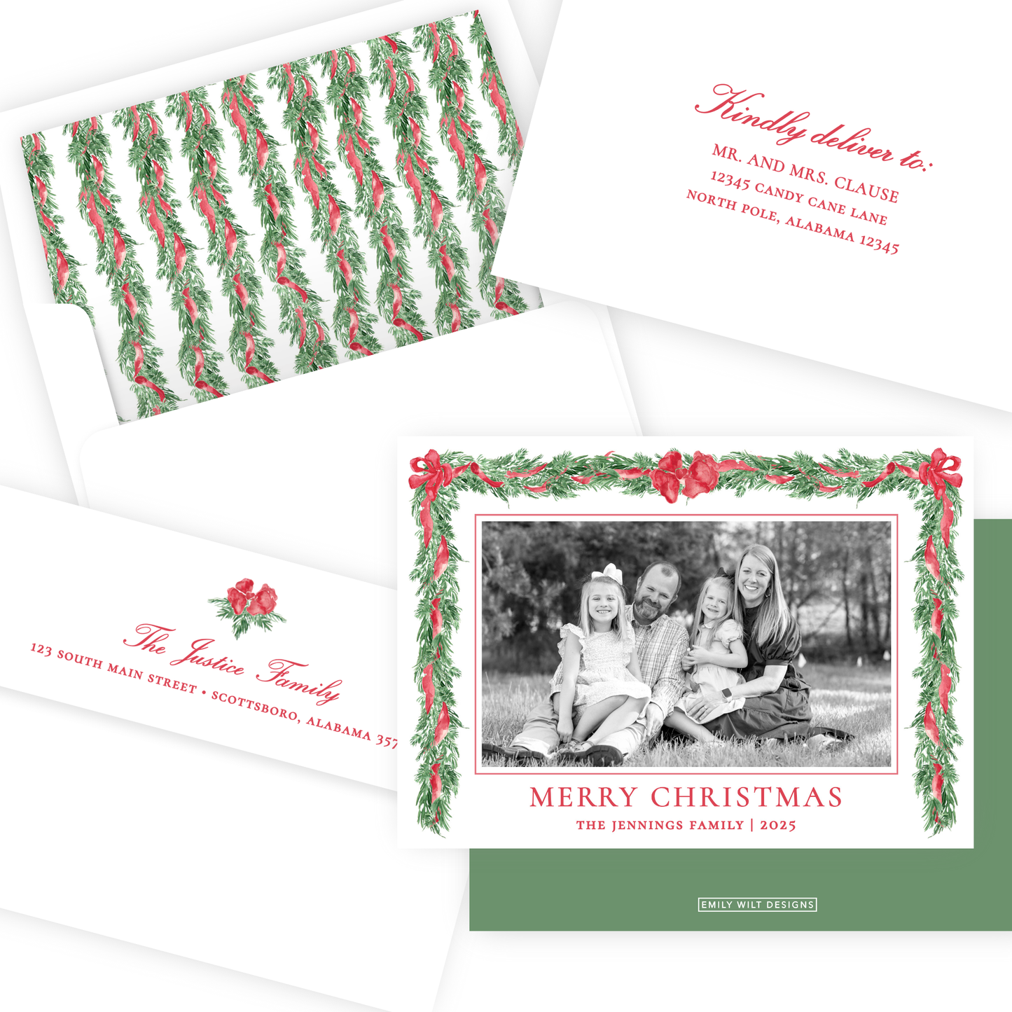 Christmas Photo Card - Big Bow Garland, Red (Portrait)