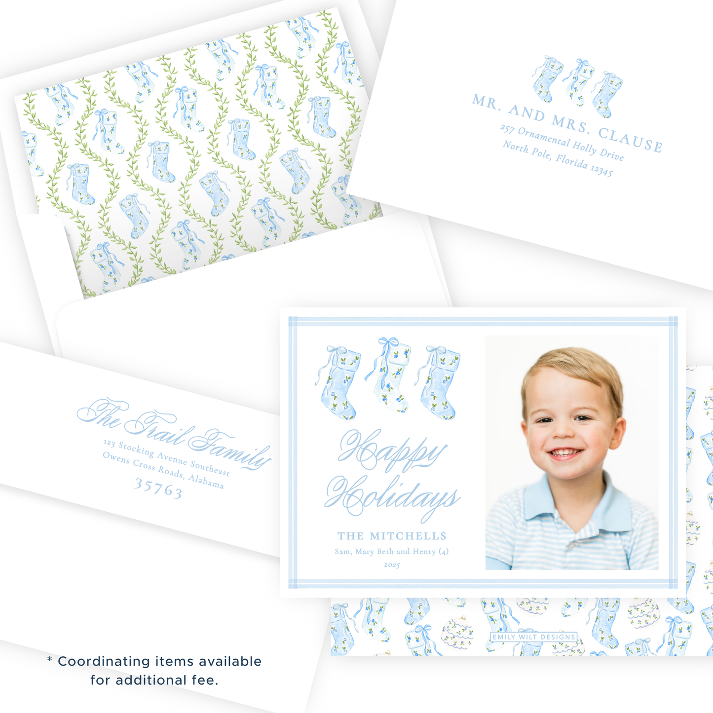 Christmas Photo Card - Delicate Stockings Trio, Blue - Landscape