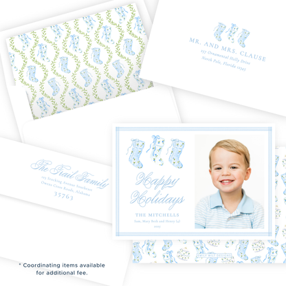 Christmas Photo Card - Delicate Stockings Trio, Blue - Landscape