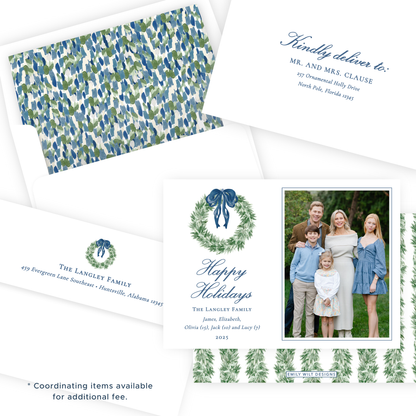 Christmas Photo Card - Tied with a Bow Wreath, Blue - Landscape