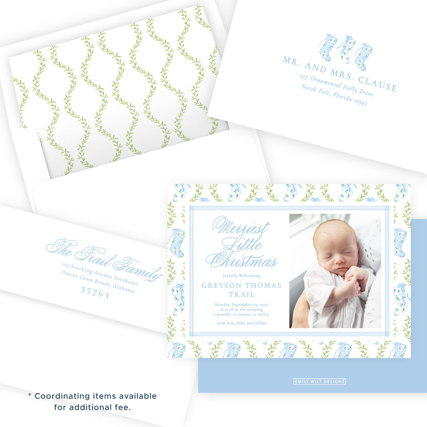 Christmas Photo Card - Delicate Stockings, Blue - Landscape - Birth Announcement