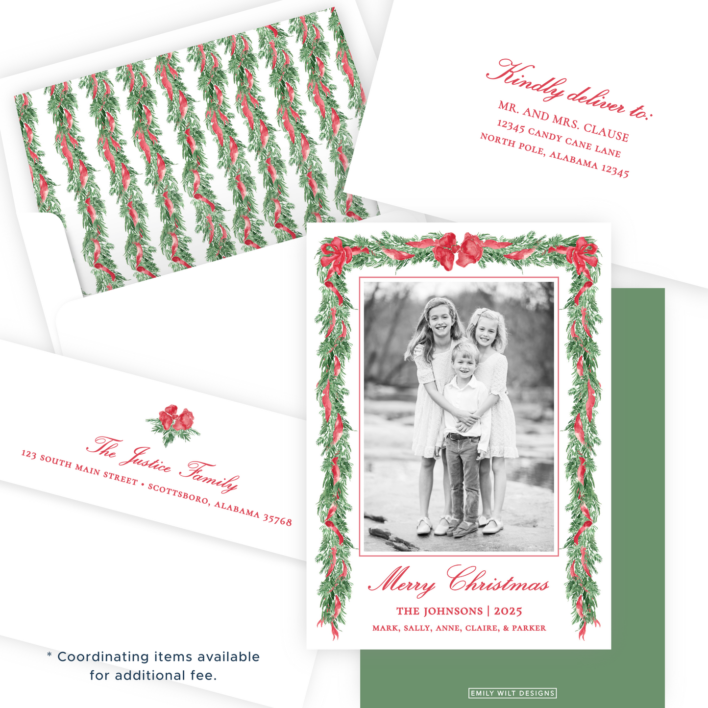 Christmas Photo Card - Big Bow Garland, Red (Portrait)
