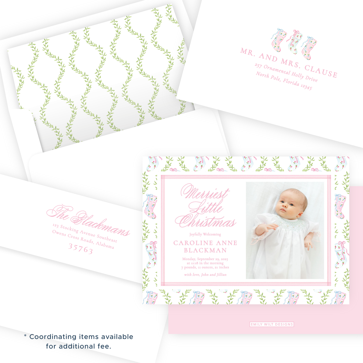 Christmas Photo Card - Delicate Stockings - Landscape - Birth Announcement