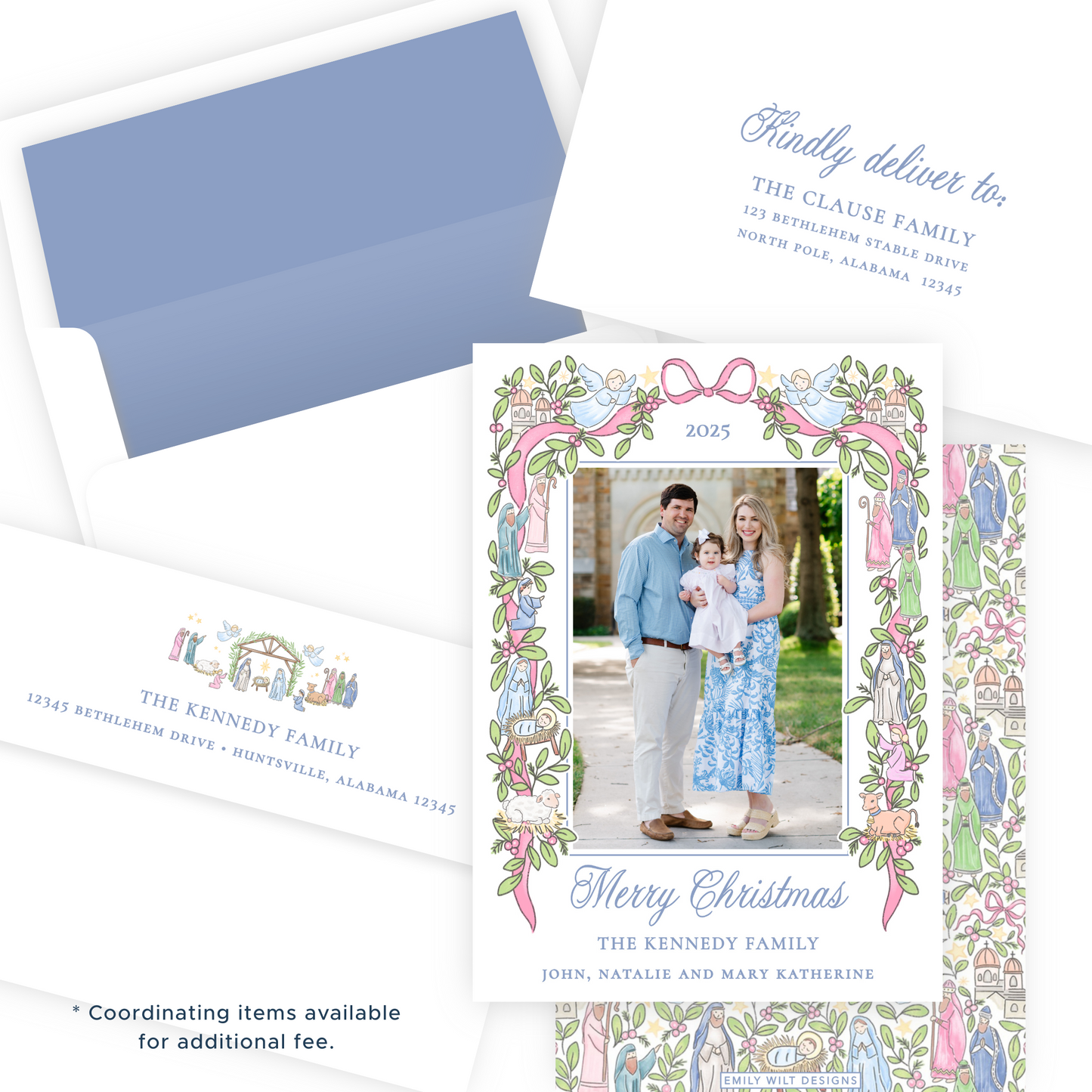 Christmas Photo Card - Festive Nativity Garland (Script, Pastel) - Portrait