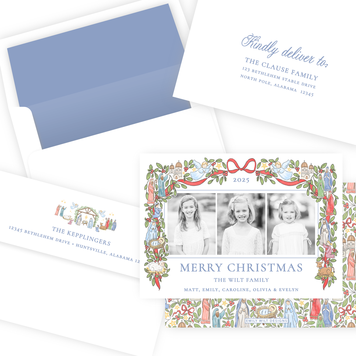 Christmas Photo Card - Festive Nativity Garland, 3 Photos - Landscape