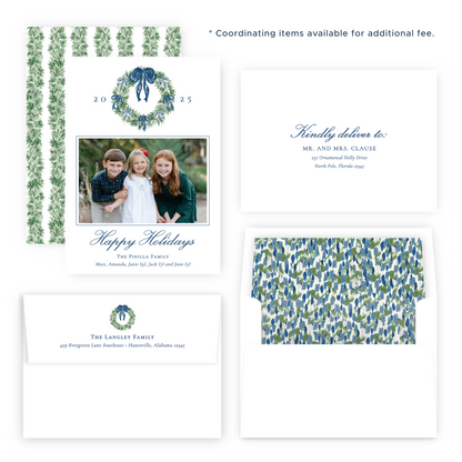Christmas Photo Card - Tied with a Bow Decorated Wreath, Blue - Portrait