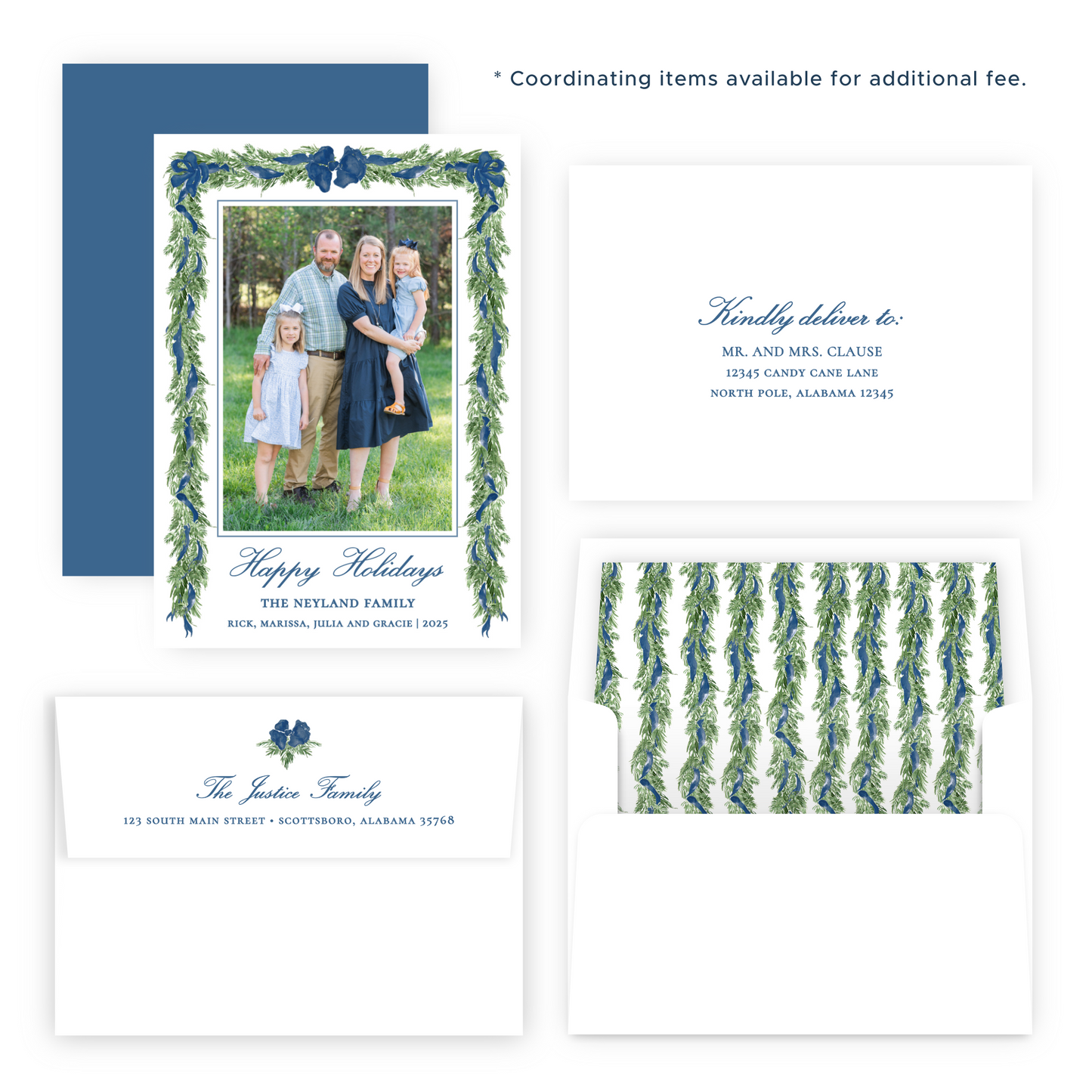 Christmas Photo Card - Big Bow Garland, Navy (Portrait)