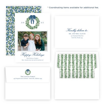 Christmas Photo Card - Tied with a Bow Wreath, Blue - Portrait
