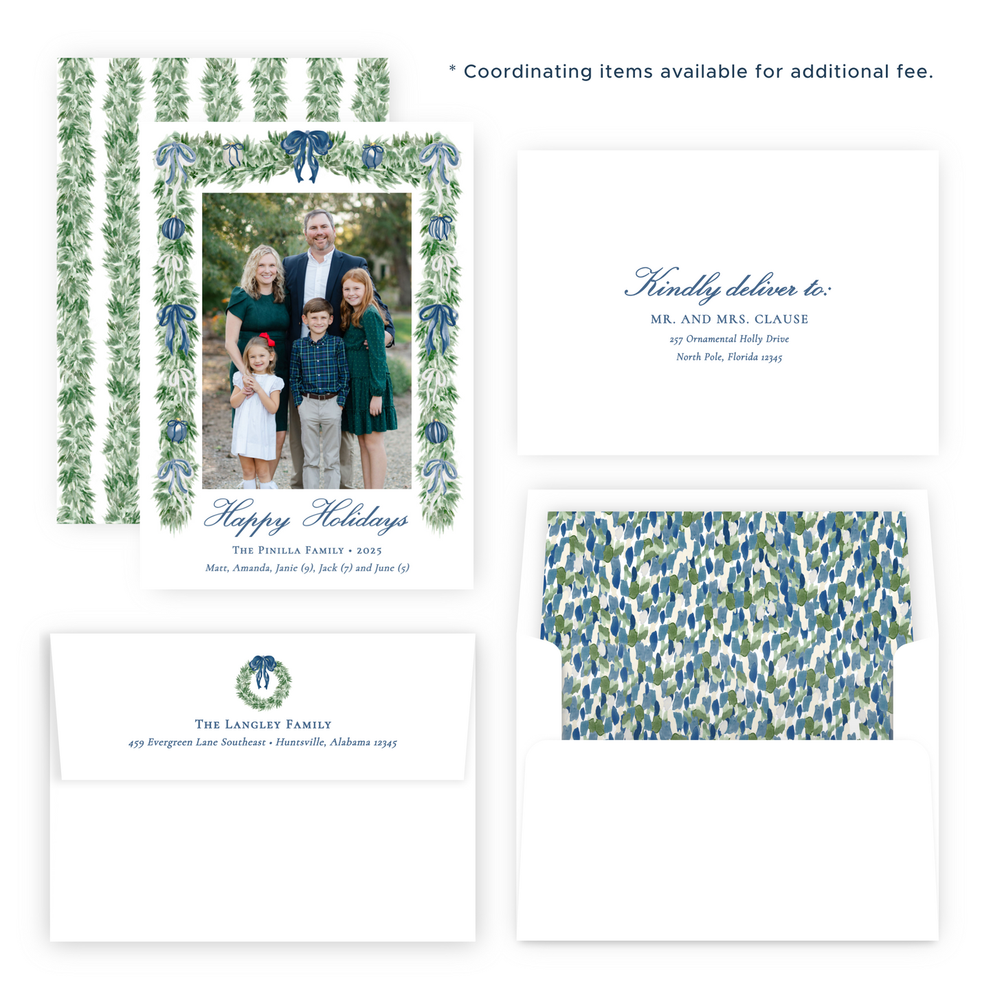Christmas Photo Card - Tied with a Bow Garland, Blue - Portrait