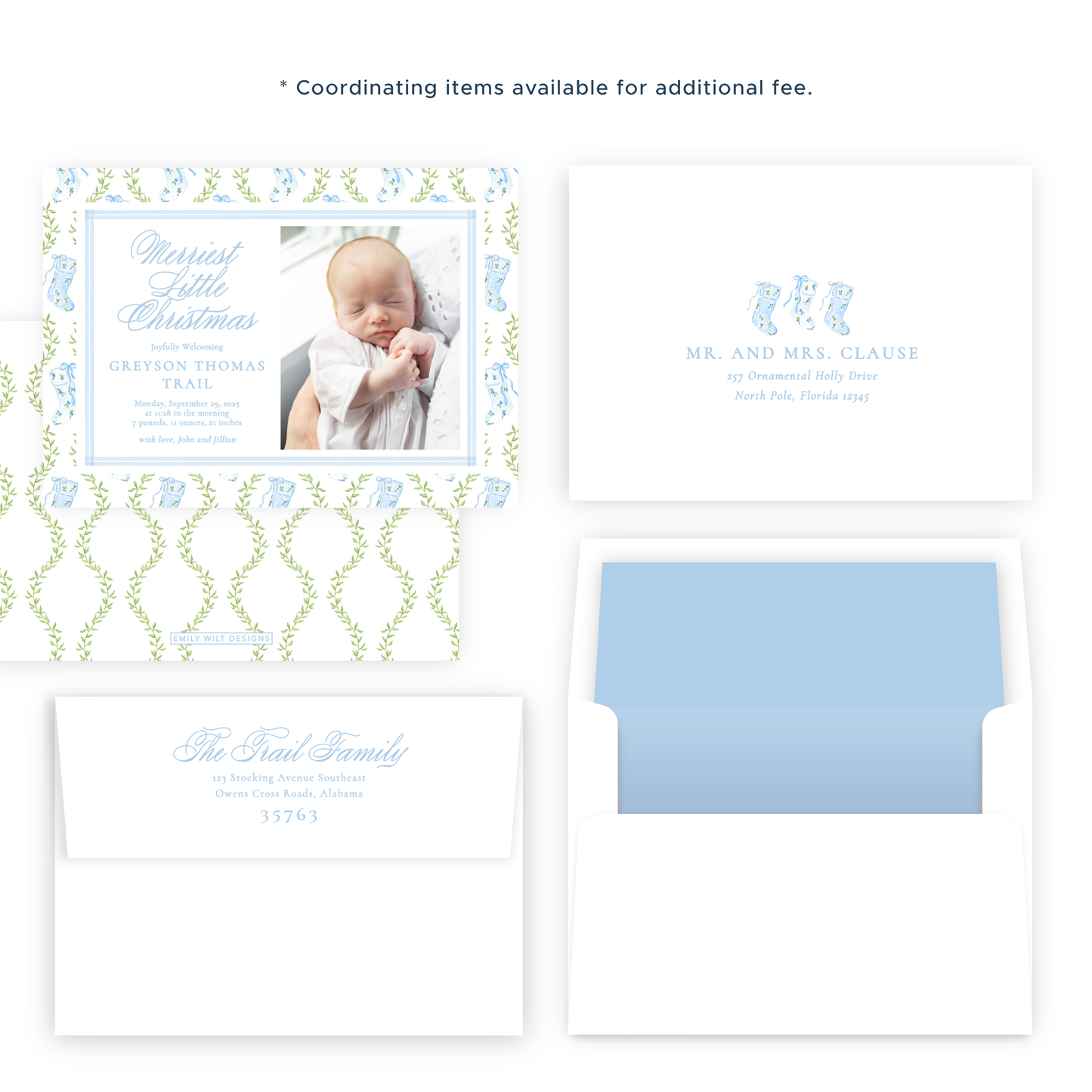 Christmas Photo Card - Delicate Stockings, Blue - Landscape - Birth Announcement
