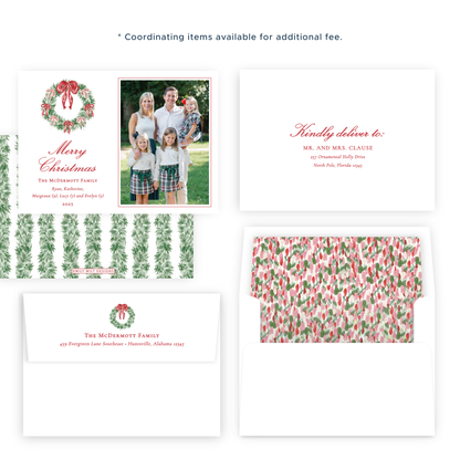 Christmas Photo Card - Tied with a Bow Decorated Wreath - Landscape