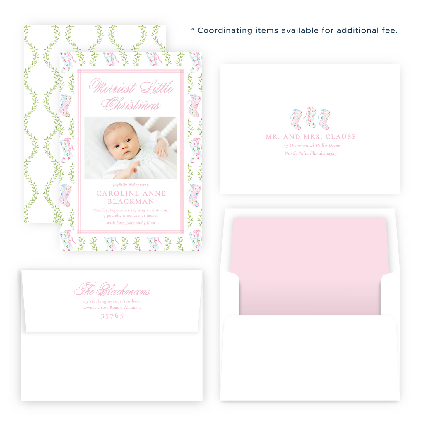 Christmas Photo Card - Delicate Stockings - Portrait - Birth Announcement