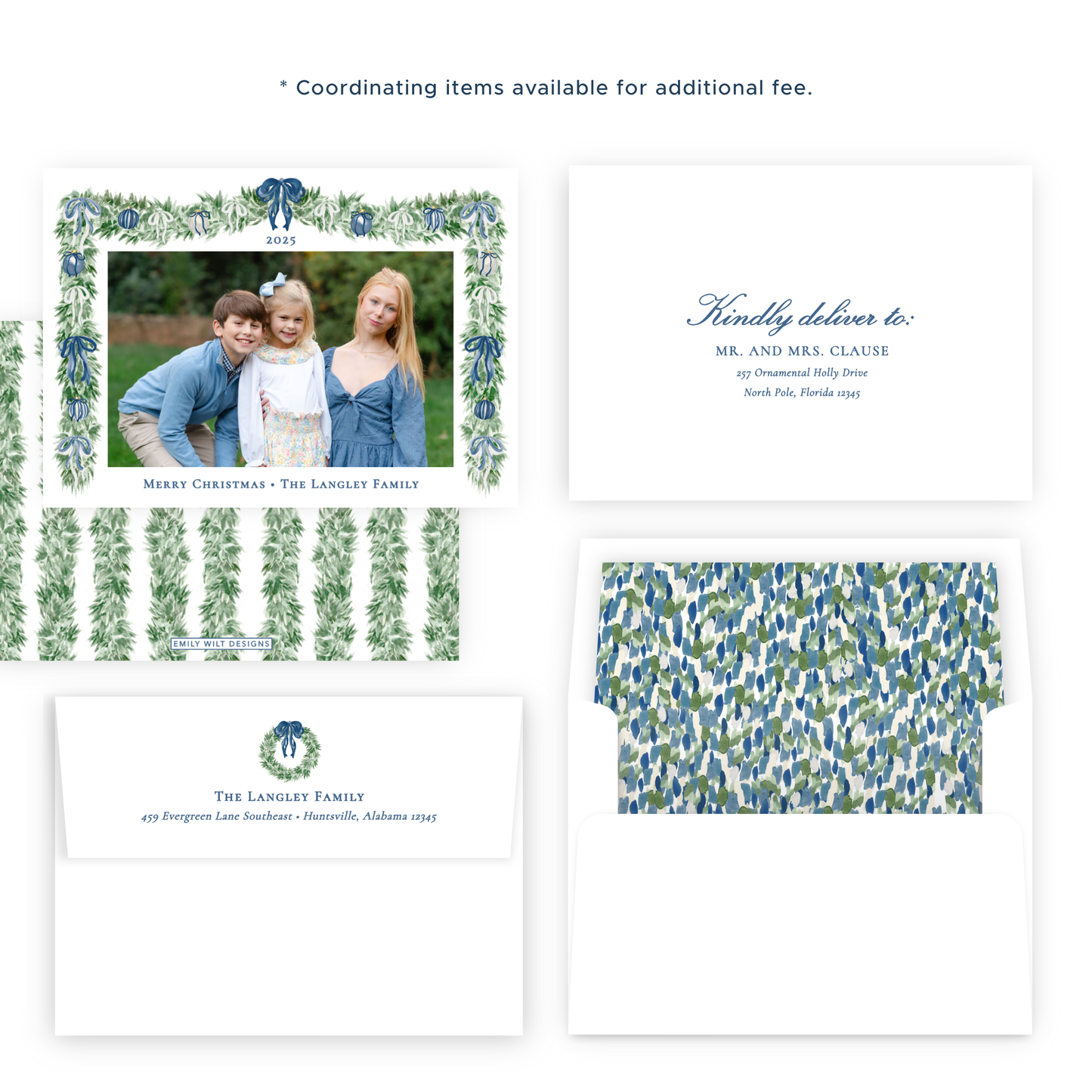 Christmas Photo Card - Tied with a Bow Garland, Blue - Landscape